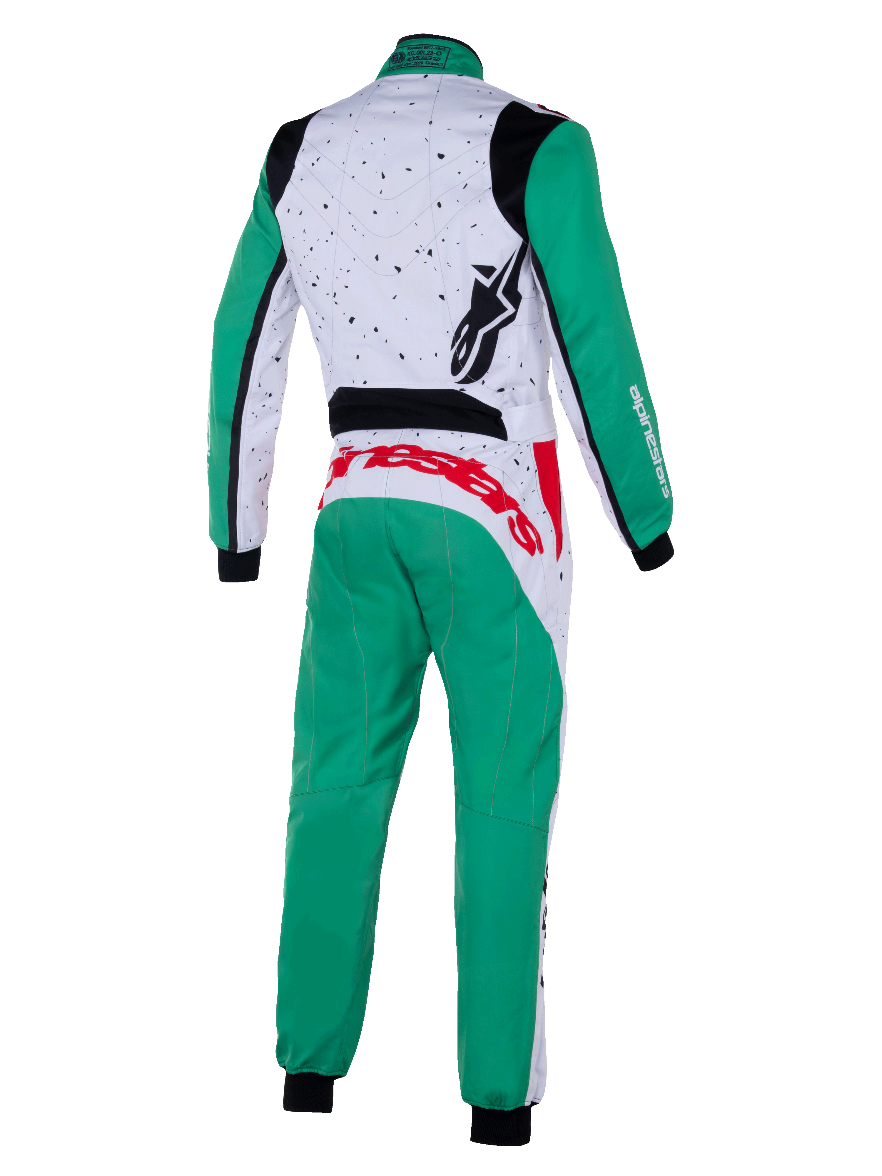 Alpinestars Jugend-KMX-9 V3 Graphic 6 Anzug, Kart-Anzug, Weiß, Grün und Rot, Rückansicht, grüne Ärmel und Hosenbeine, weißer oberer Rücken mit schwarzen gesprenkelten Grafiken, roter Alpinestars-Schriftzug an der Taille, schwarzes Logo auf der Schulter, professionelle Kart-Bekleidung