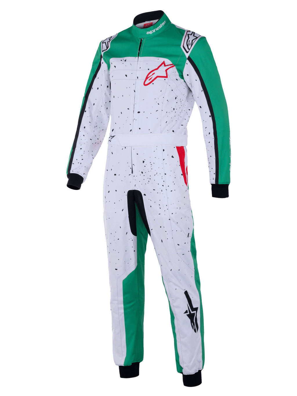 Alpinestars Youth KMX-9 V3 Graphic 6 Anzug, Kart-Rennanzug, Weiß, Grün und Rot, mit schwarzem gesprenkeltem Muster auf weißer Basis, grünen Einsätzen, integriertem Taillengürtel, schwarzen Bündchen und roten Logo-Akzenten, Motorsportbekleidung für Jugendliche