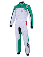 Alpinestars Youth KMX-9 V3 Graphic 6 Anzug, Kart-Rennanzug, Weiß, Grün und Rot, mit schwarzem gesprenkeltem Muster auf weißer Basis, grünen Einsätzen, integriertem Taillengürtel, schwarzen Bündchen und roten Logo-Akzenten, Motorsportbekleidung für Jugendliche