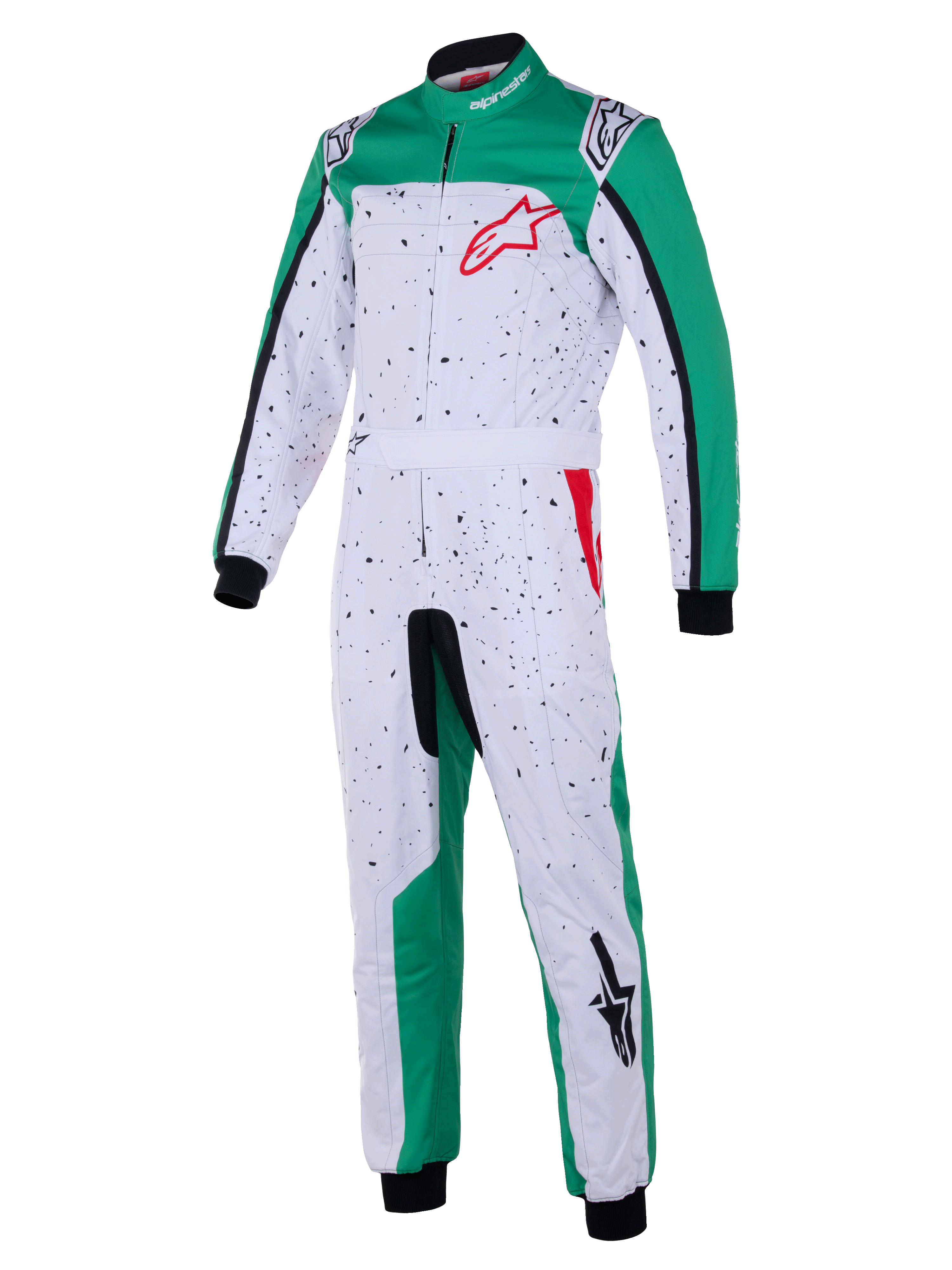 Alpinestars Youth KMX-9 V3 Graphic 6 Anzug, Kart-Rennanzug, Weiß, Grün und Rot, mit schwarzem gesprenkeltem Muster auf weißer Basis, grünen Einsätzen, integriertem Taillengürtel, schwarzen Bündchen und roten Logo-Akzenten, Motorsportbekleidung für Jugendliche
