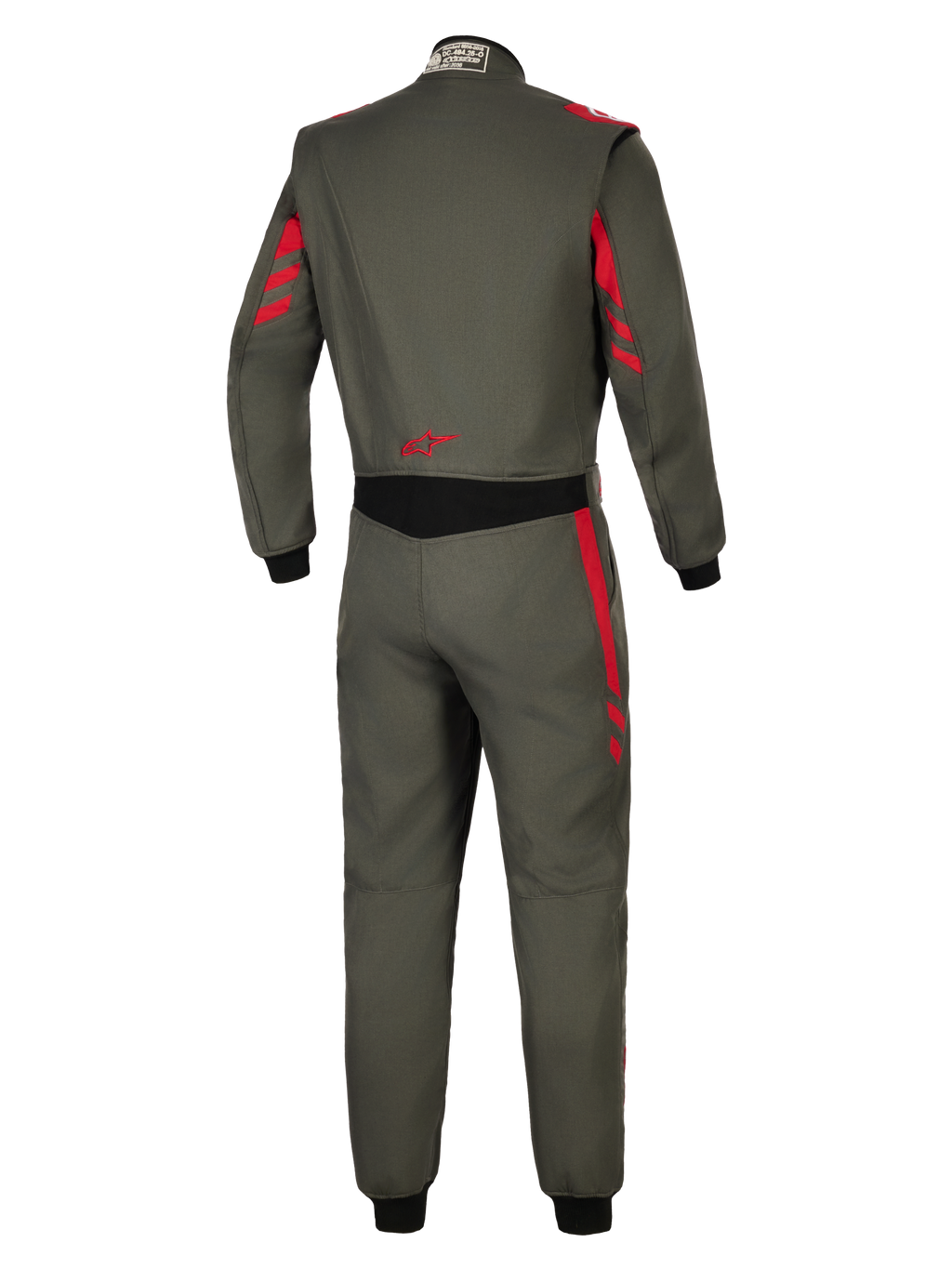 Alpinestars GP Race V3 Anzug FIA, Auto-Rennanzug, Anthrazit-Rot, Rückansicht mit dunkelgrauem Textilmaterial und roten Streifenakzenten an Schultern und Ärmeln, schwarzer Stretch-Einsatz an der Taille, rotes Stern-Logo am unteren Rücken, professioneller Motorsport-Schutz