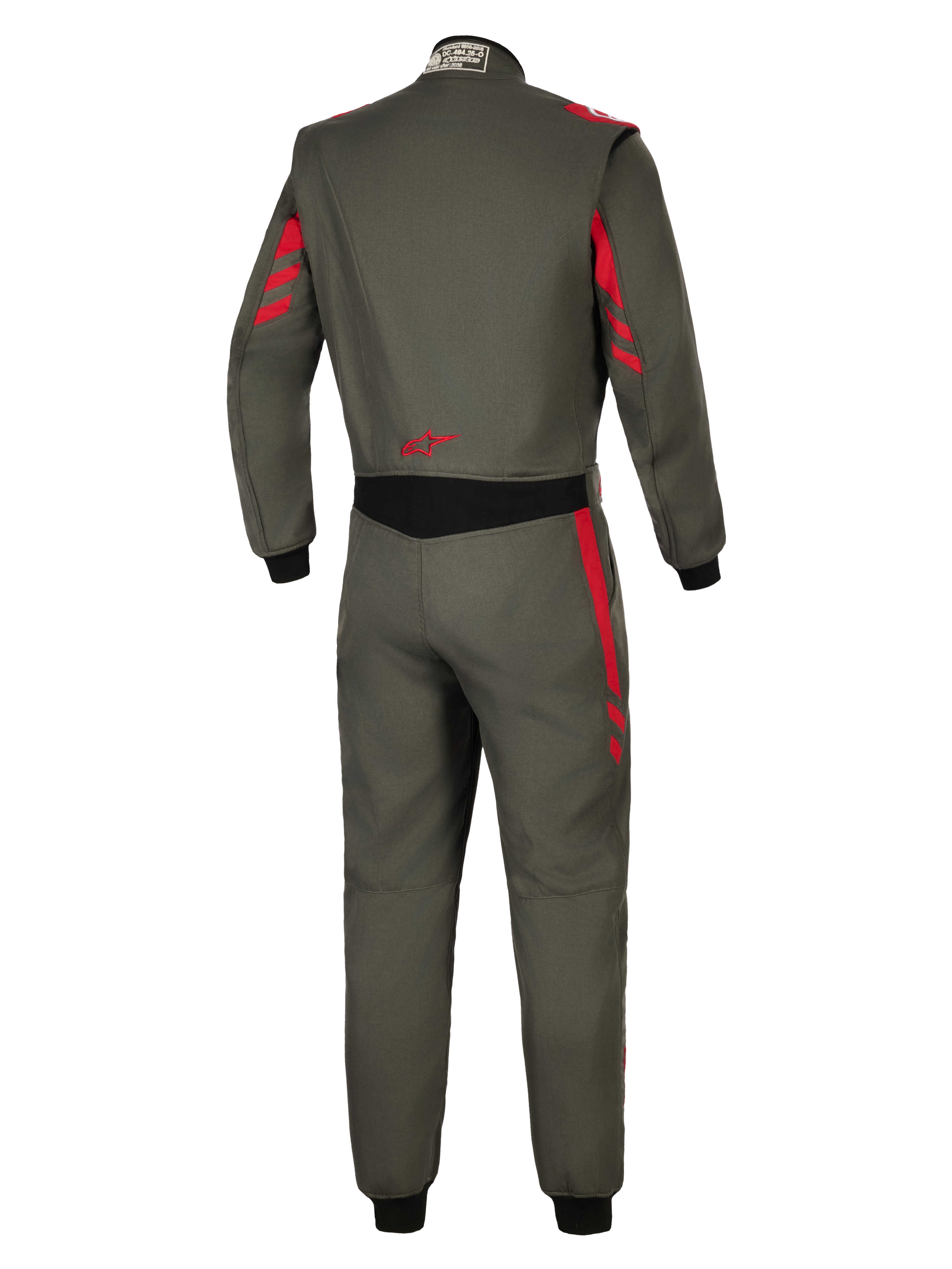 Alpinestars GP Race V3 Anzug FIA, Auto-Rennanzug, Anthrazit-Rot, Rückansicht mit dunkelgrauem Textilmaterial und roten Streifenakzenten an Schultern und Ärmeln, schwarzer Stretch-Einsatz an der Taille, rotes Stern-Logo am unteren Rücken, professioneller Motorsport-Schutz