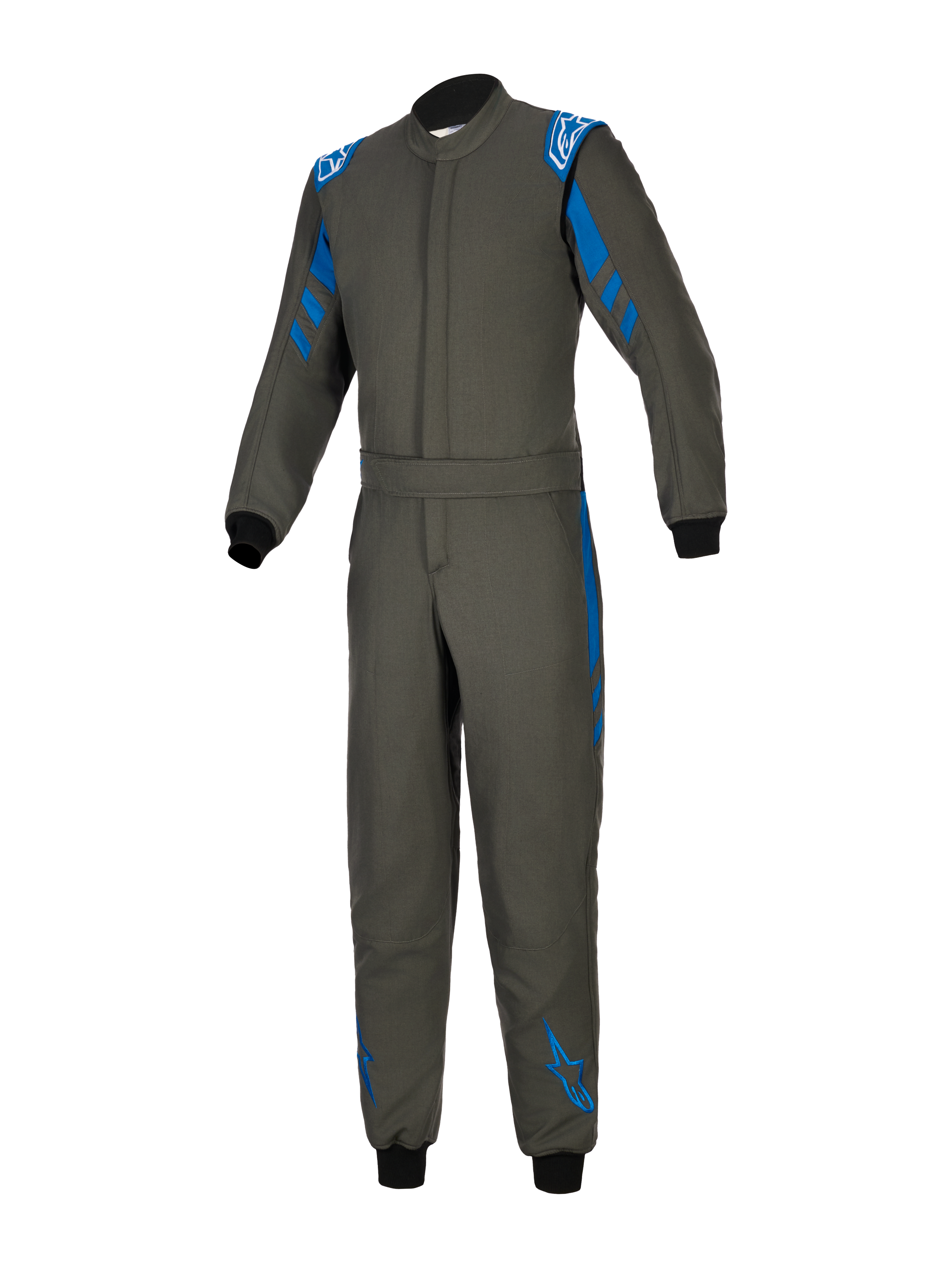 Alpinestars GP Race V3 Suit FIA, Anthracite Blue auto racing suit, one-piece textile design with blue accents on shoulders and legs, white Alpinestars logos, black ribbed cuffs, adjustable belted waist, professional motorsport protective gear