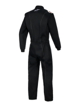 Alpinestars Kart Indoor V2 Suit, One-piece Karting Suit, Black, rear view showing white contrast stitching, elastic waist belt, and white Alpinestars logo on the collar, ergonomic design for indoor karting sessions