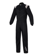 Alpinestars Kart Indoor V2 Suit, Black karting suit, one-piece design with white Alpinestars logos on shoulders and lower leg, V-shaped chest stitching, elastic waist belt, knitted wrist cuffs, durable poly-cotton twill for recreational track use