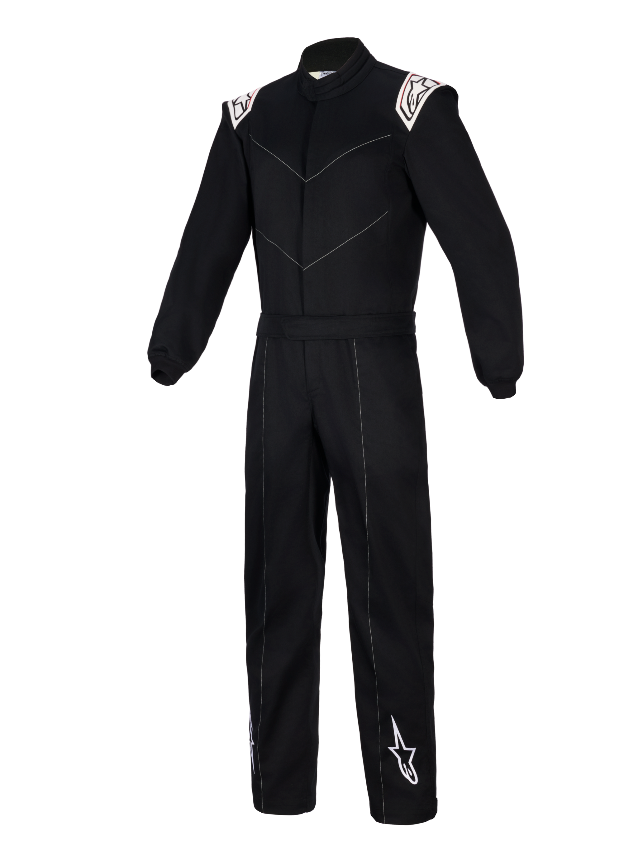 Alpinestars Kart Indoor V2 Suit, Black karting suit, one-piece design with white Alpinestars logos on shoulders and lower leg, V-shaped chest stitching, elastic waist belt, knitted wrist cuffs, durable poly-cotton twill for recreational track use