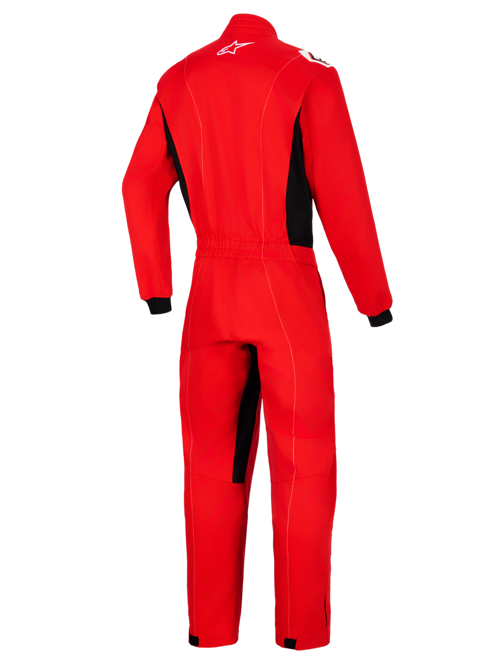 Alpinestars Kart Indoor V2 Anzug, Rot, Rückansicht eines einteiligen Kart-Rennanzugs mit schwarzen Seitenbahnen und Innenbein-Akzenten, weißes Astars-Logo im Nacken, elastischer Taillenbund.