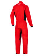 Alpinestars Kart Indoor V2 Anzug, Rot, Rückansicht eines einteiligen Kart-Rennanzugs mit schwarzen Seitenbahnen und Innenbein-Akzenten, weißes Astars-Logo im Nacken, elastischer Taillenbund.