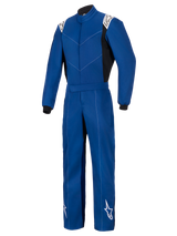 Alpinestars Kart Indoor V2 Suit, Blue, One-Piece Karting Suit, features white Alpinestars logos on shoulders and lower legs, black side panels and wrist cuffs, durable single-layer poly-cotton twill construction for recreational racing.