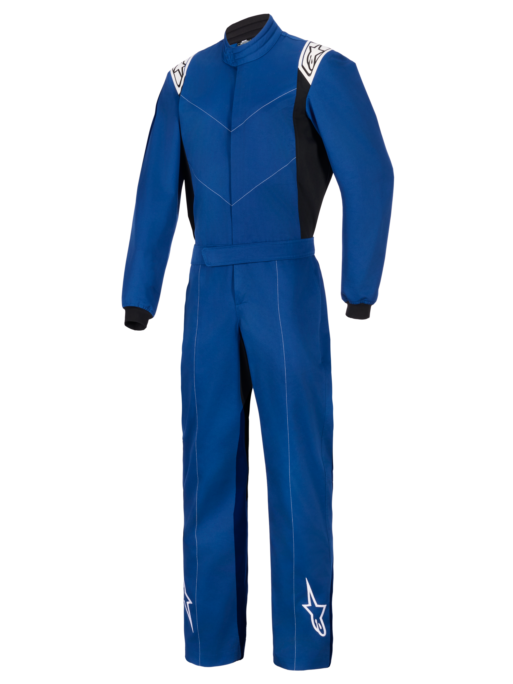 Alpinestars Kart Indoor V2 Suit, Blue, One-Piece Karting Suit, features white Alpinestars logos on shoulders and lower legs, black side panels and wrist cuffs, durable single-layer poly-cotton twill construction for recreational racing.