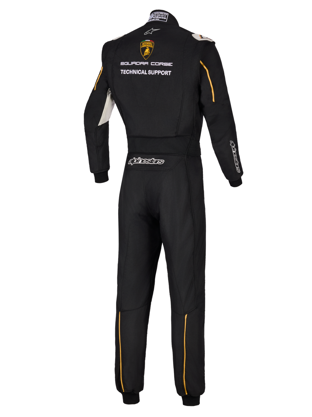 Alpinestars Limited Edition Lamborghini GP Tech V4 Anzug FIA, Rückansicht eines professionellen schwarzen Autorennanzugs, mit Lamborghini Squadra Corse Logo und „Technical Support“-Schriftzug, goldene Akzente und silbernes Alpinestars-Branding.