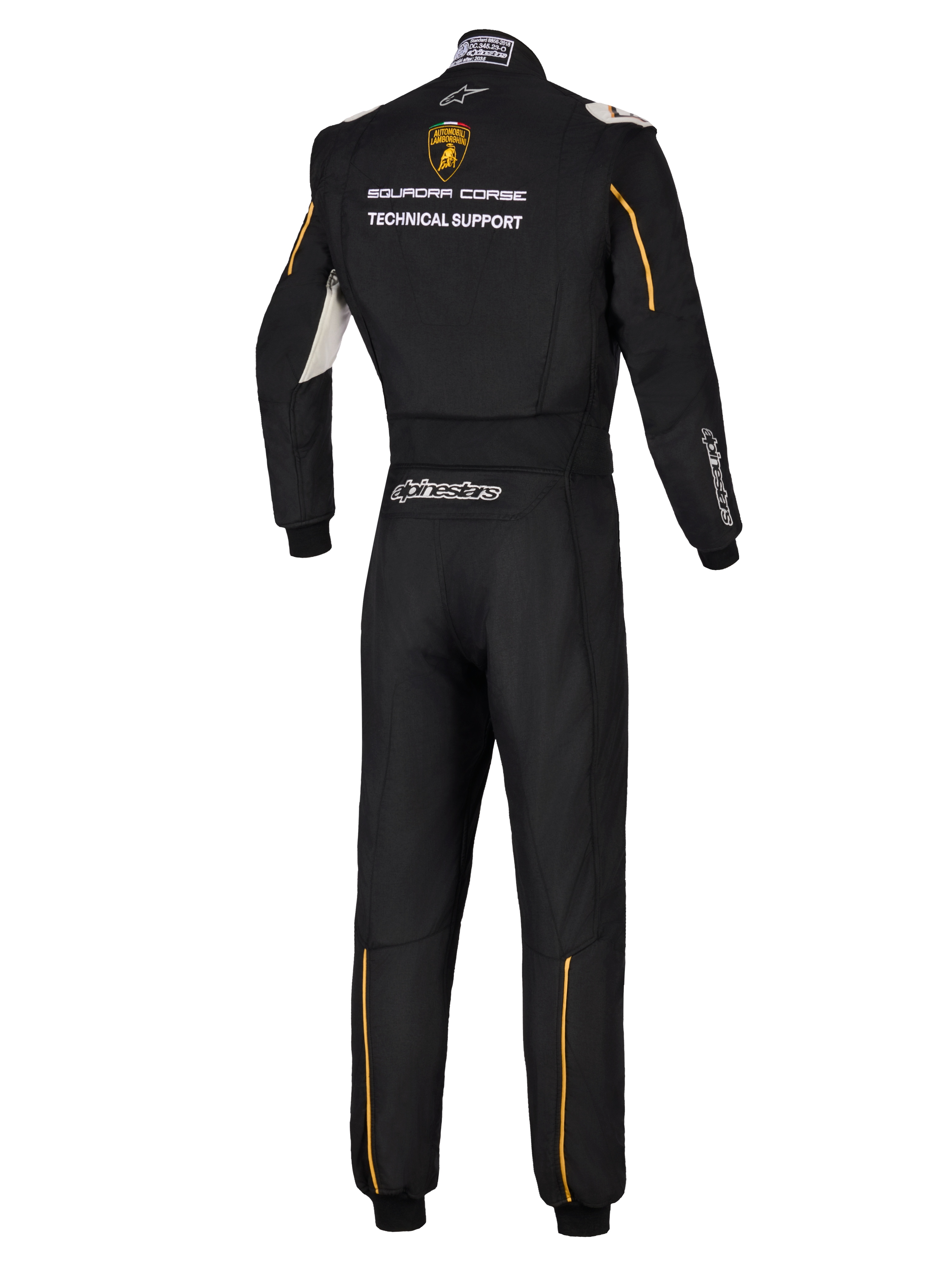 Alpinestars Limited Edition Lamborghini GP Tech V4 Anzug FIA, Rückansicht eines professionellen schwarzen Autorennanzugs, mit Lamborghini Squadra Corse Logo und „Technical Support“-Schriftzug, goldene Akzente und silbernes Alpinestars-Branding.