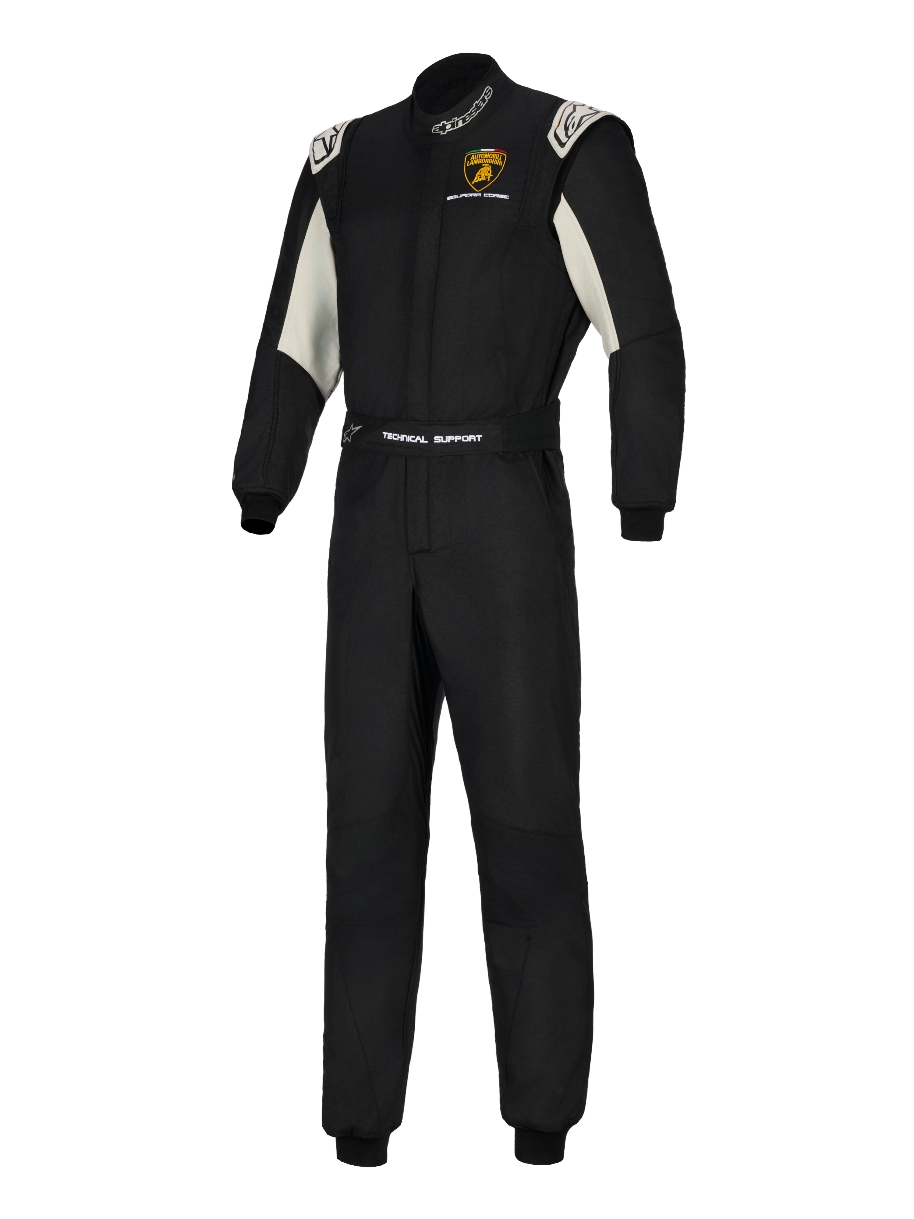 Alpinestars Limited Edition Lamborghini GP Tech V4 Anzug, professioneller Autorennanzug, Schwarz mit silbernen und weißen Akzenten, Lamborghini Squadra Corse Logo auf der Brust, 'Technical Support' Branding auf dem Gürtel, Alpinestars Logos auf dem Kragen und den Schultern
