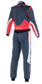 Alpinestars GP Pro Comp V2 FIA Suit, Auto Racing Suit, Asphalt Red and White, rear view featuring red panels on the lower back and shoulders, white accents on sides, and Alpinestars logo branding