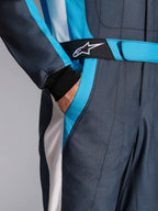 Alpinestars GP Pro Comp V2 FIA Suit in Asphalt and Cyan, featuring a logo belt and side pocket for auto racing.