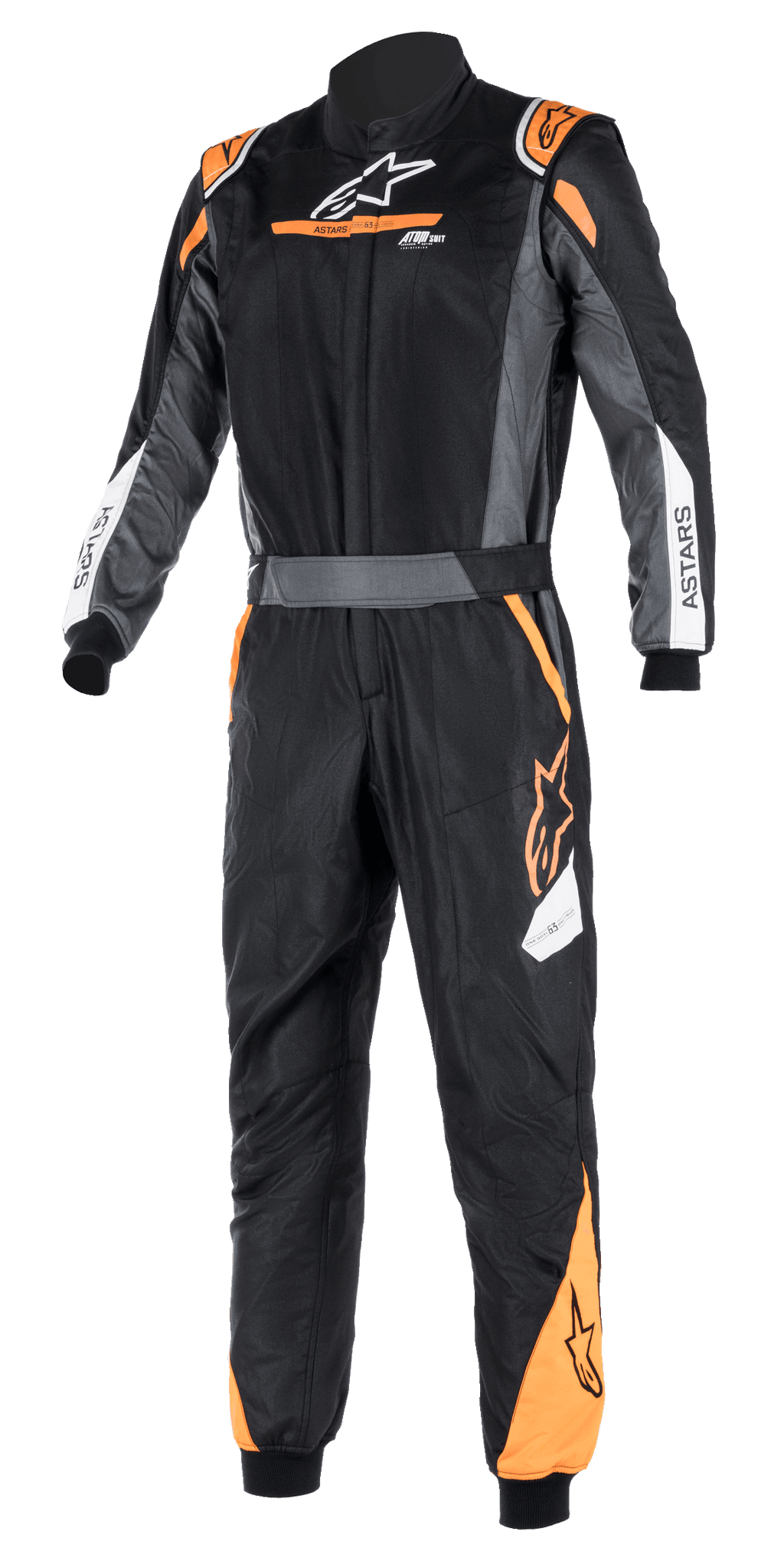 Alpinestars Atom FIA Graphic Suit, Black and Anthracite with Orange Fluo accents, one-piece FIA-certified auto racing suit, high collar, ASTARS branding on sleeves, professional motorsport and track competition gear