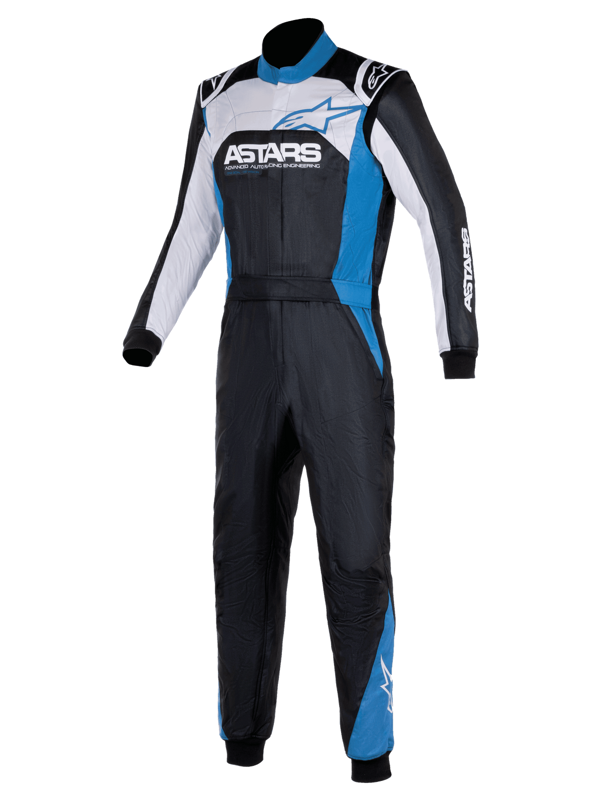 Alpinestars Atom Graphic 4 Anzug, einteiliger Autorennanzug, Schwarz, Silber und Blau, mit auffälligem ASTARS-Branding auf der Brust, weißen und blauen Einsätzen, hohem Kragen und gerippten Bündchen, professionelle Motorsport-Schutzkleidung