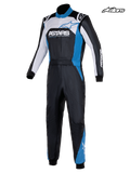 Alpinestars Atom Graphic 4 Anzug, Herren-Auto-Rennanzug in Schwarz, Silber und Blau, Vorderansicht mit zweilagiger Aramidkonstruktion und FIA 8856-2018 Zertifizierung