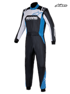 Alpinestars Atom Graphic 4 Anzug, Herren-Auto-Rennanzug in Schwarz, Silber und Blau, Vorderansicht mit zweilagiger Aramidkonstruktion und FIA 8856-2018 Zertifizierung
