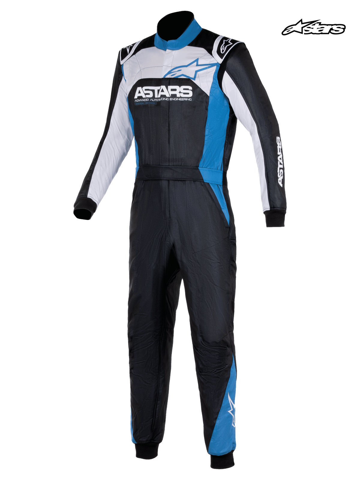 Alpinestars Atom Graphic 4 Anzug, Herren-Auto-Rennanzug in Schwarz, Silber und Blau, Vorderansicht mit zweilagiger Aramidkonstruktion und FIA 8856-2018 Zertifizierung