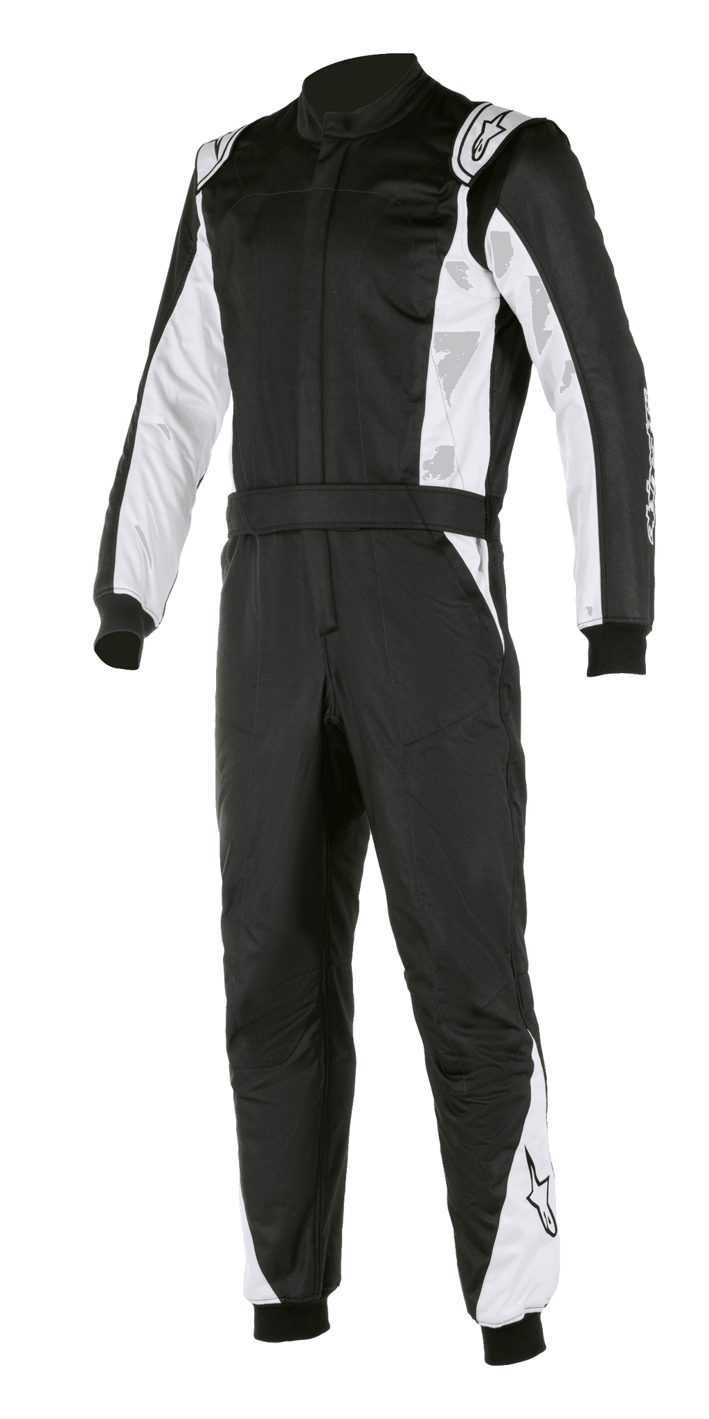 Alpinestars Atom FIA Suit, Rennanzug, Schwarz und Silber, mit weißen Einsätzen an Ärmeln und Beinen, Schulterklappen, Taillengürtel und gerippten Bündchen, professionelles FIA-zertifiziertes Motorsport-Design