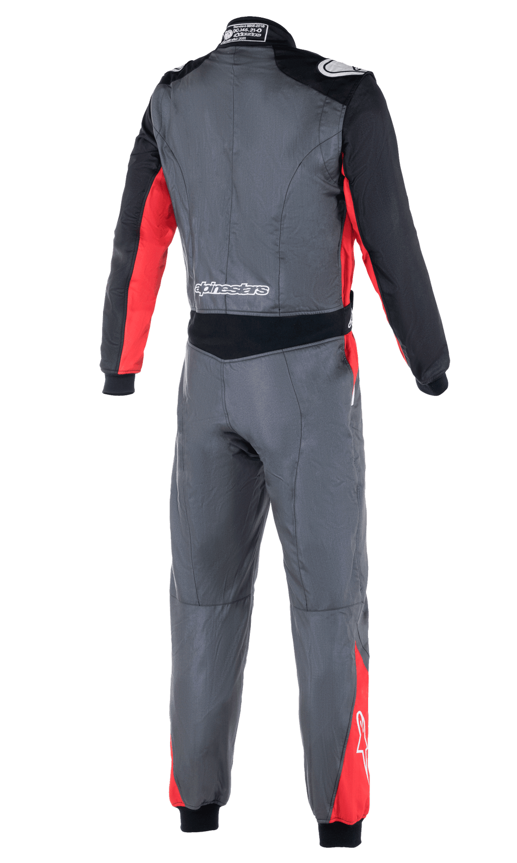 Alpinestars Atom FIA Rennanzug, Auto-Rennanzug, Anthrazit, Rot und Schwarz, Rückansicht mit Stretch-Einsätzen an der Taille, Schulterklappen und Alpinestars-Branding am unteren Rücken und an den Schultern.