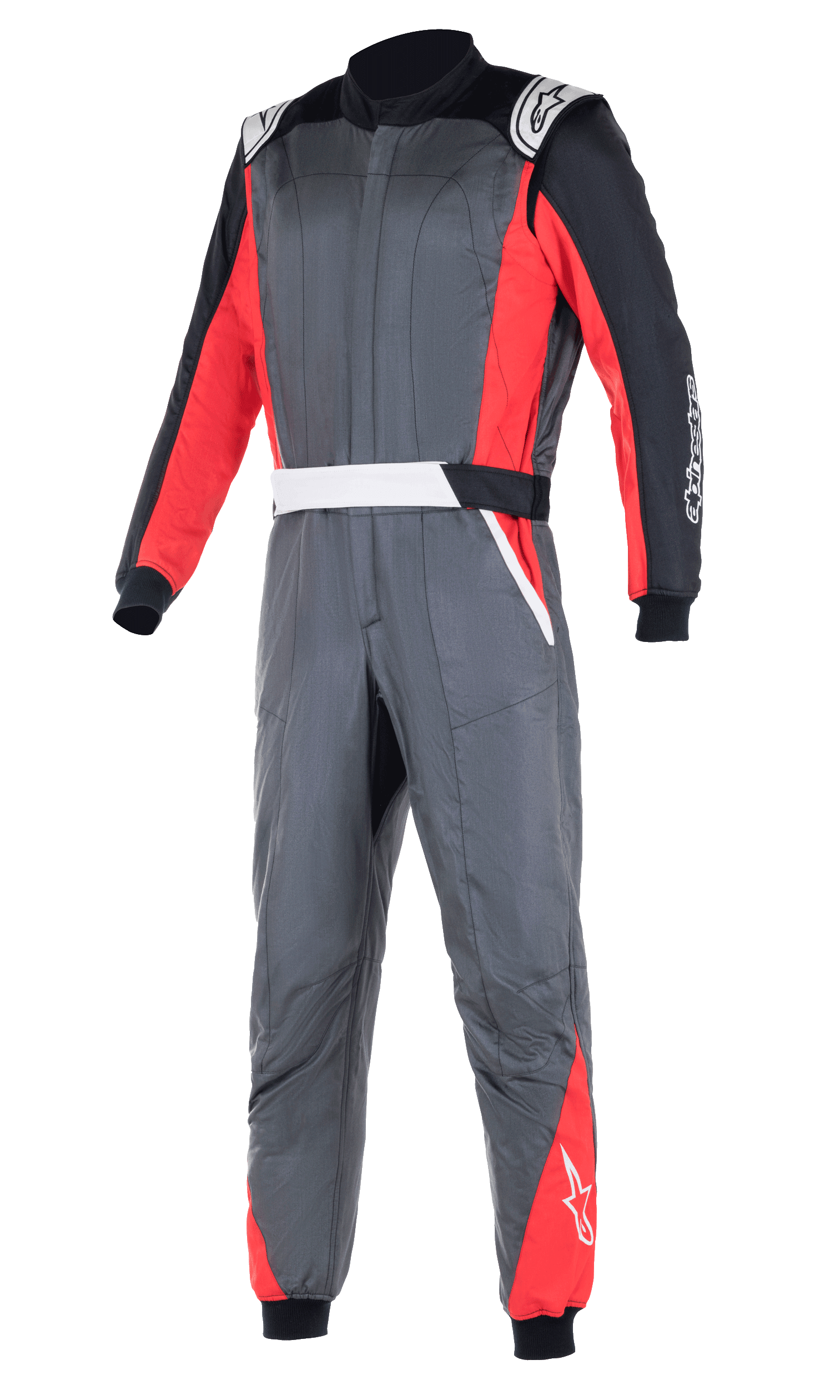 Alpinestars Atom FIA Anzug, professioneller Autorennoanzug, Anthrazitgrau mit roten und schwarzen Paneelen, weiße Schulterklappen und Logo-Branding, zweilagige Konstruktion für Hitze- und Flammschutz