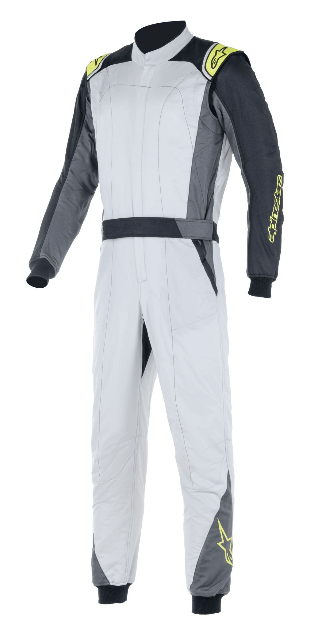 Alpinestars Atom FIA Suit, Automobil-Rennanzug, Silber und Anthrazit mit neongelben Akzenten, einteiliges Design mit hohem Kragen und elastischen Bündchen, professionelle Schutzausrüstung für den Automobilrennsport