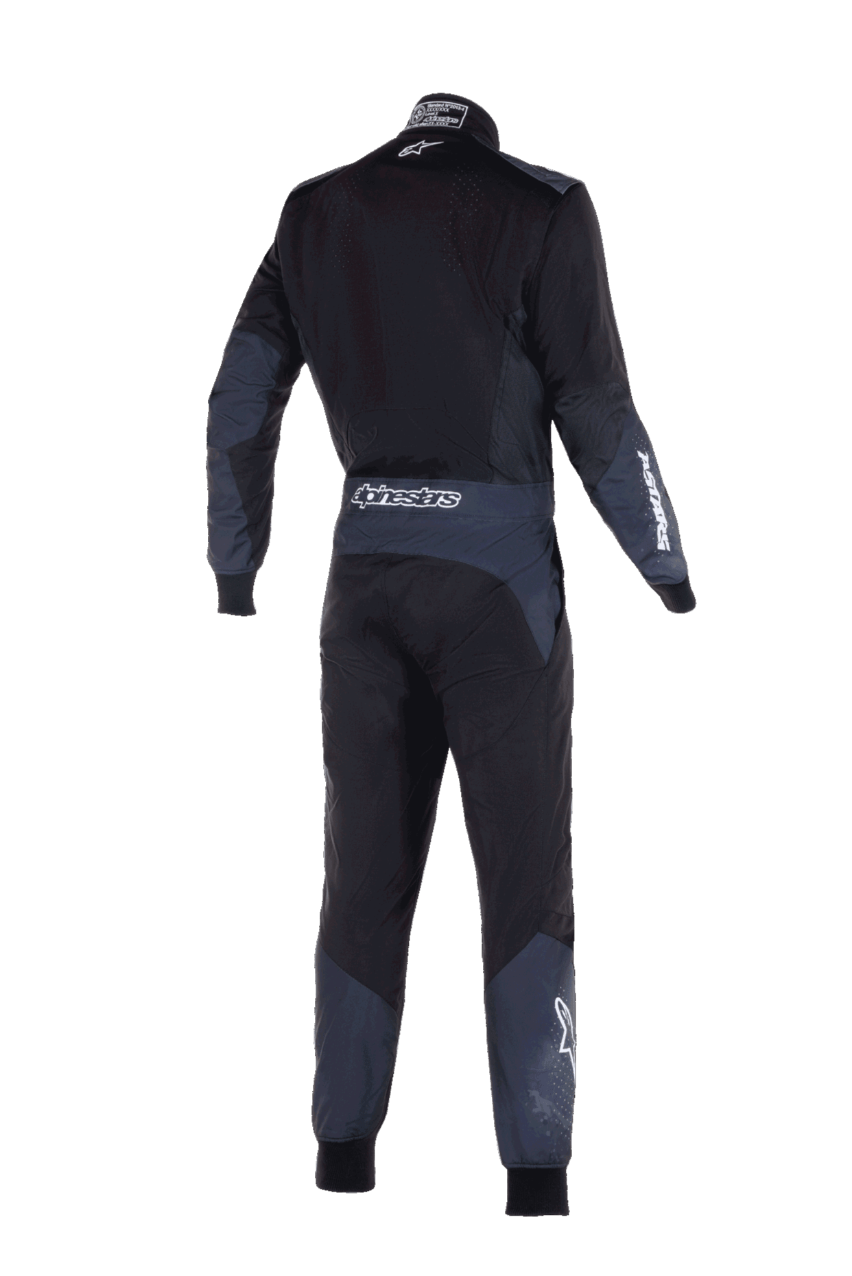 Alpinestars KMX-5 V3 Anzug, Kart-Rennanzug, Schwarz und Dark Shadow, Rückansicht mit weißem Alpinestars-Branding an der Taille und am Ärmel, dunkelgraue technische Einsätze an Armen und Beinen, elegantes Performance-Design.
