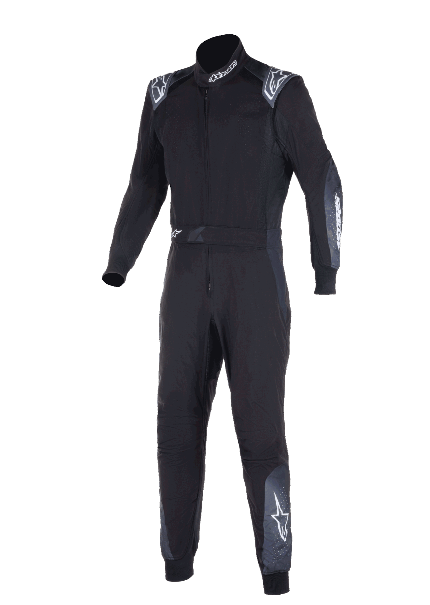 Alpinestars KMX-5 V3 Anzug, Kart-Anzug, Schwarz und Dark Shadow, einteiliger Rennanzug mit weißem Alpinestars-Branding an Schultern, Nacken und Beinen, technische zweilagige Konstruktion für professionelles Karting.