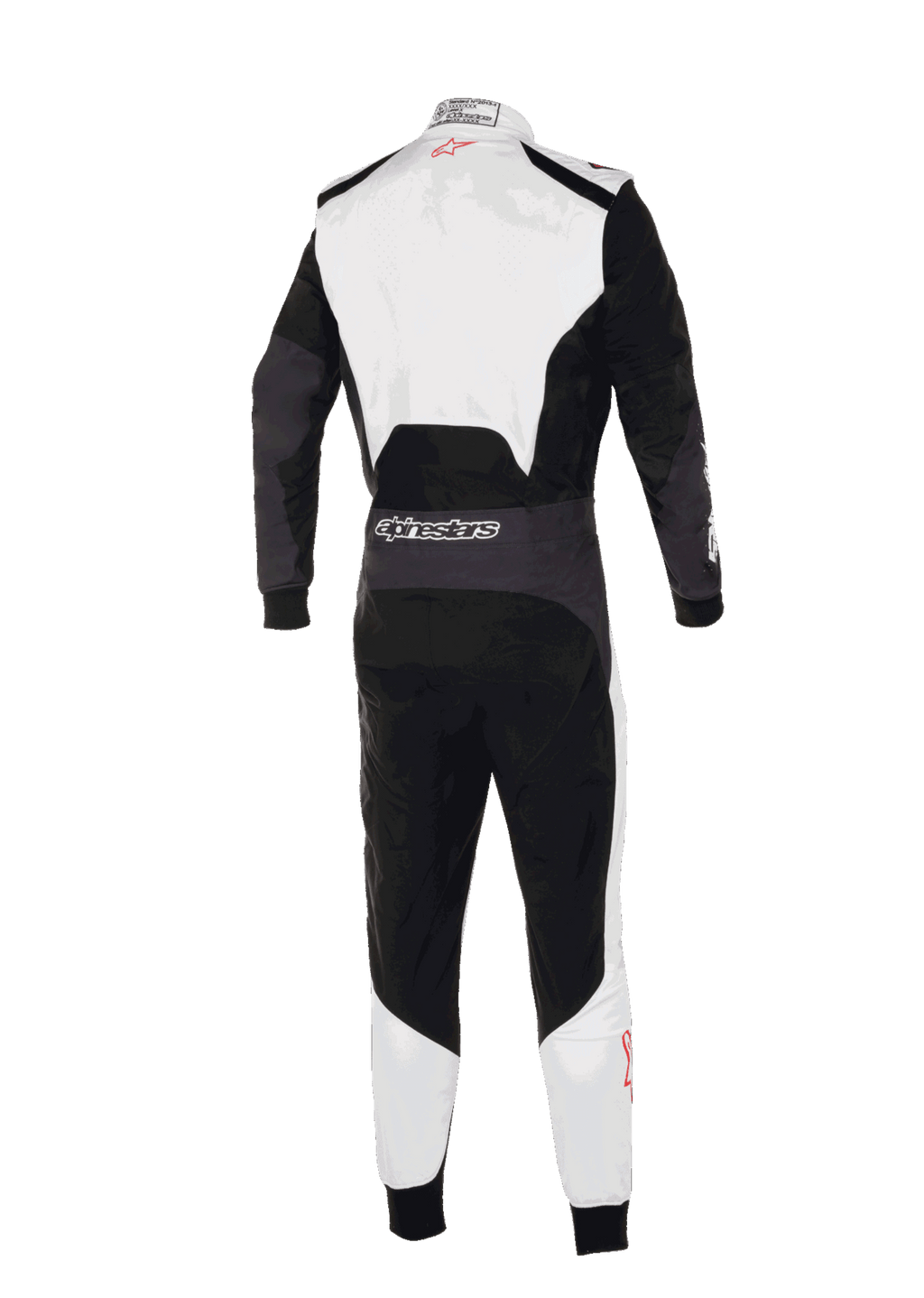 Alpinestars KMX-5 V3 Suit, back view of professional karting suit, White Black and Bright Red, featuring white upper back and lower legs with black main panels, Alpinestars branding on the rear waist, ergonomic design for competitive racing.