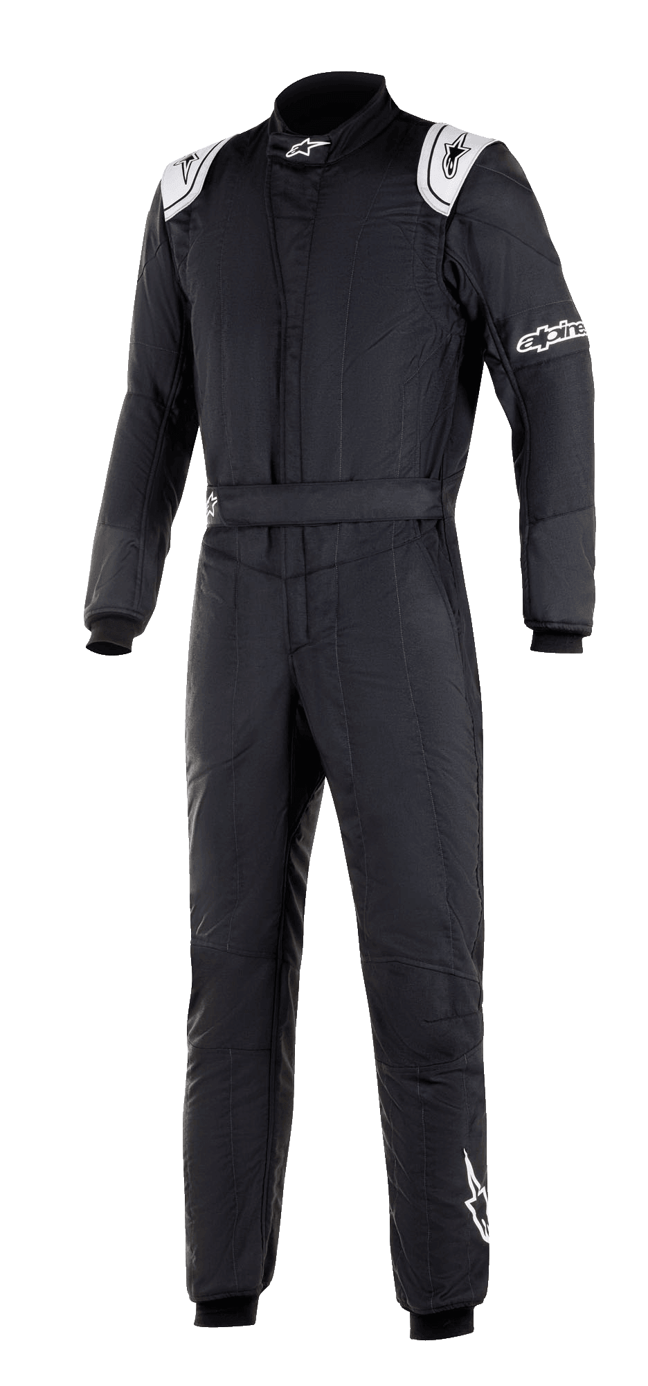 Alpinestars GP Tech V3 Suit FIA, schwarzer Auto-Rennanzug, weiße Schulterpartien mit Logos, hoher Kragen, Alpinestars-Branding an Ärmel und Bein, professionelle Motorsport-Ausrüstung mit technischem Panel-Design