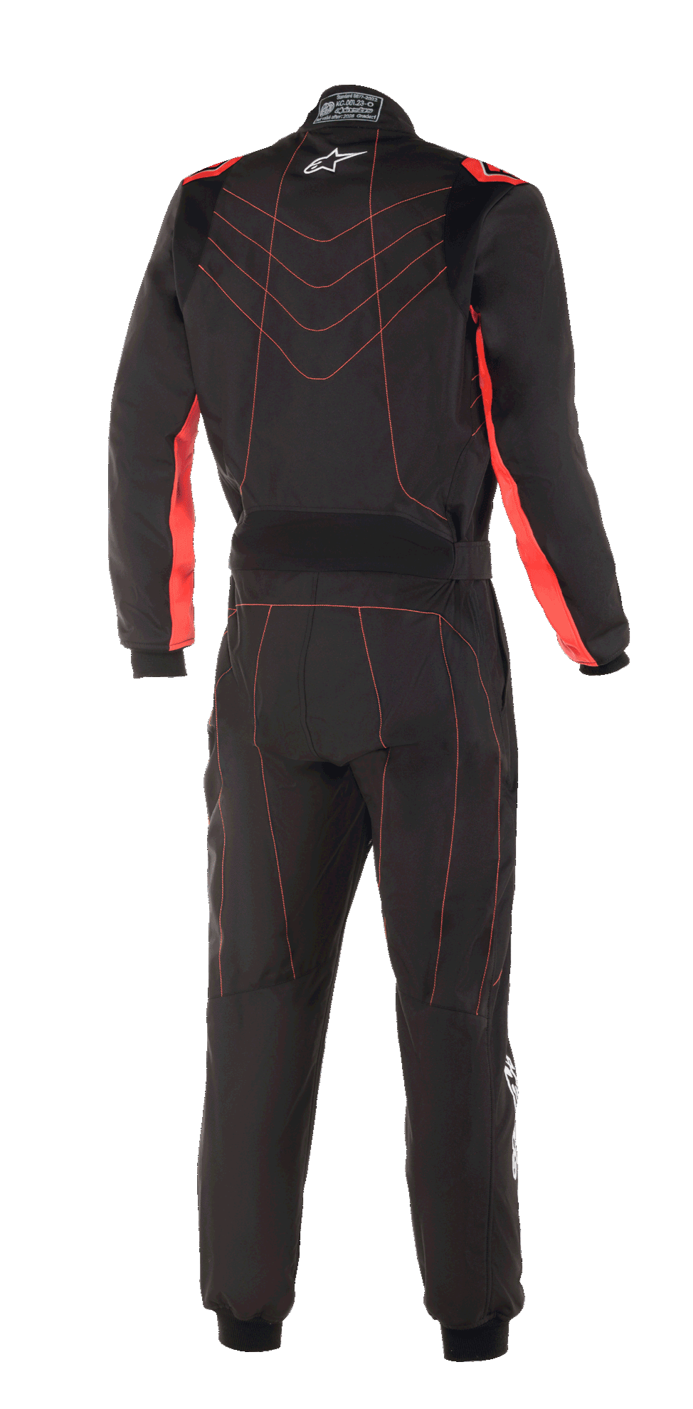 Alpinestars KMX-9 V3 Anzug, Kart-Anzug, Schwarz und Fluo-Rot, Rückansicht mit roten Nahtmustern und weißem Astars-Logo am Kragen, professionelle Motorsport-Rennbekleidung