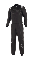 Alpinestars KMX-9 V3 Anzug, schwarz-weißer Kart-Anzug, mit weißen Kontrastnähten und Logos, Einteiler mit verstellbarem Taillengürtel, Strickbündchen, professionelle Motorsport-Optik