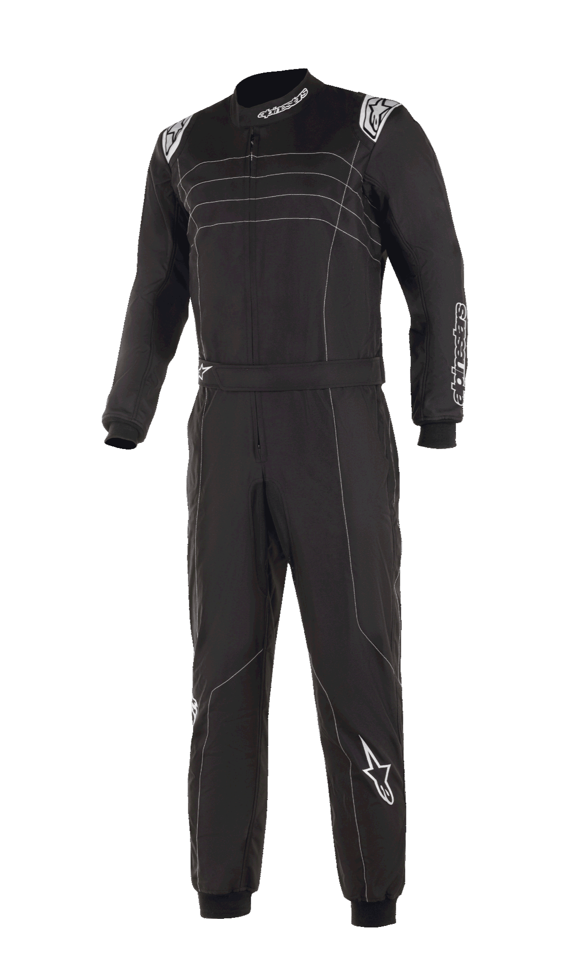 Alpinestars KMX-9 V3 Anzug, schwarz-weißer Kart-Anzug, mit weißen Kontrastnähten und Logos, Einteiler mit verstellbarem Taillengürtel, Strickbündchen, professionelle Motorsport-Optik