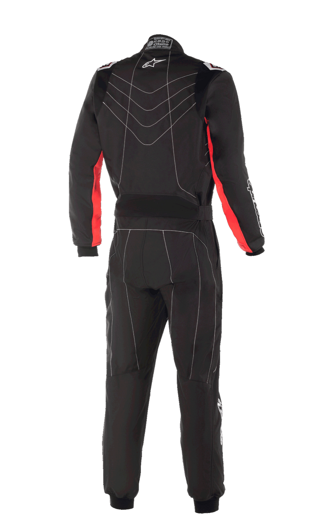 Alpinestars KMX-9 V3 Anzug, Karting-Anzug, Schwarz Rot Weiß, Rückansicht mit roten Einsätzen an den Ärmeln, weißen Kontrastnähten und Alpinestars-Logo, professionelle Motorsport-Rennausrüstung