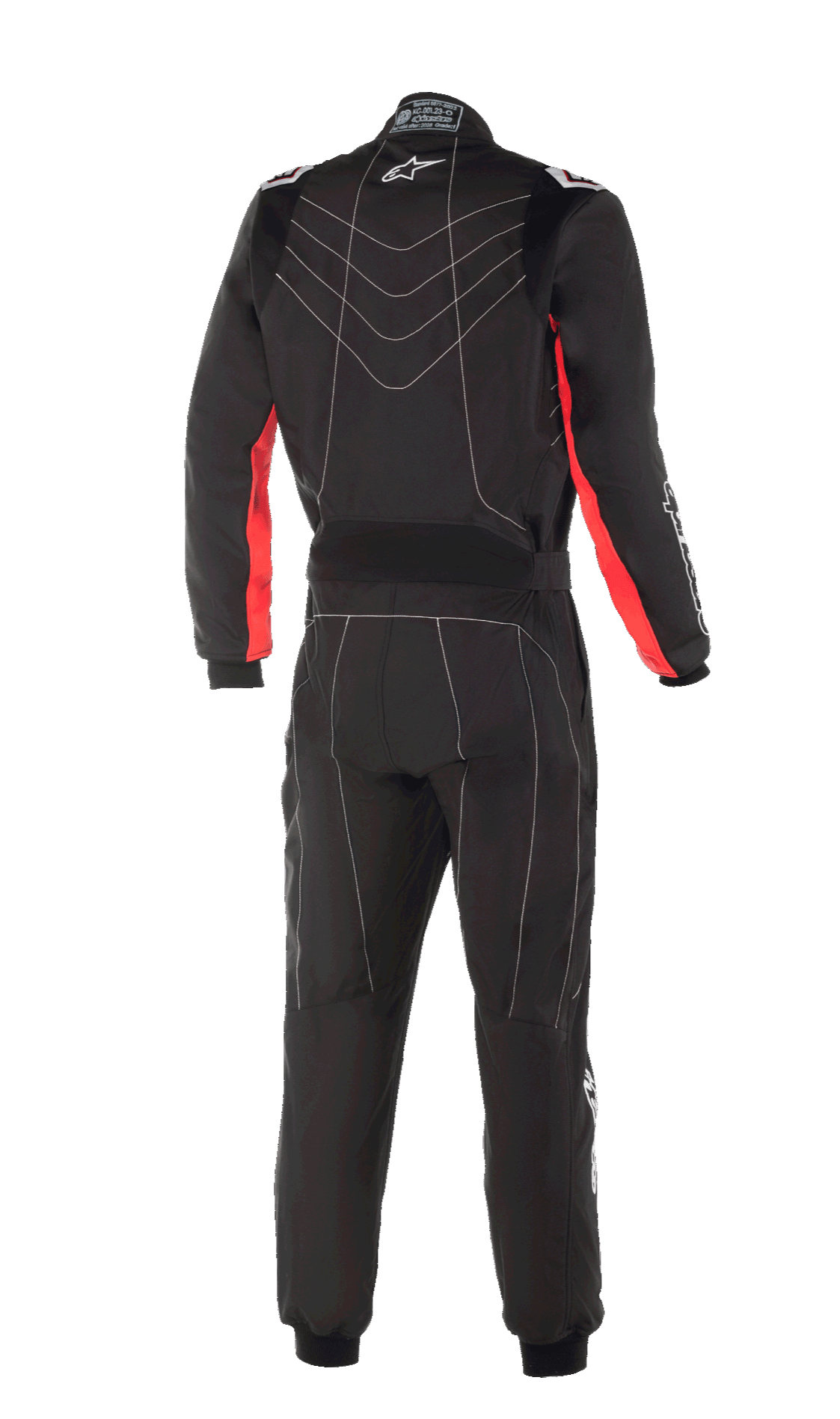 Alpinestars KMX-9 V3 Anzug, Karting-Anzug, Schwarz Rot Weiß, Rückansicht mit roten Einsätzen an den Ärmeln, weißen Kontrastnähten und Alpinestars-Logo, professionelle Motorsport-Rennausrüstung