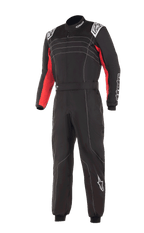 Alpinestars KMX-9 V3 Anzug, Kart-Anzug, Schwarz, Rot und Weiß, mit weißen Kontrastnähten, roten Einsätzen an den Innenarmen, weißem Alpinestars-Branding an Schultern und Bein, professionelle einteilige Motorsport-Rennausrüstung