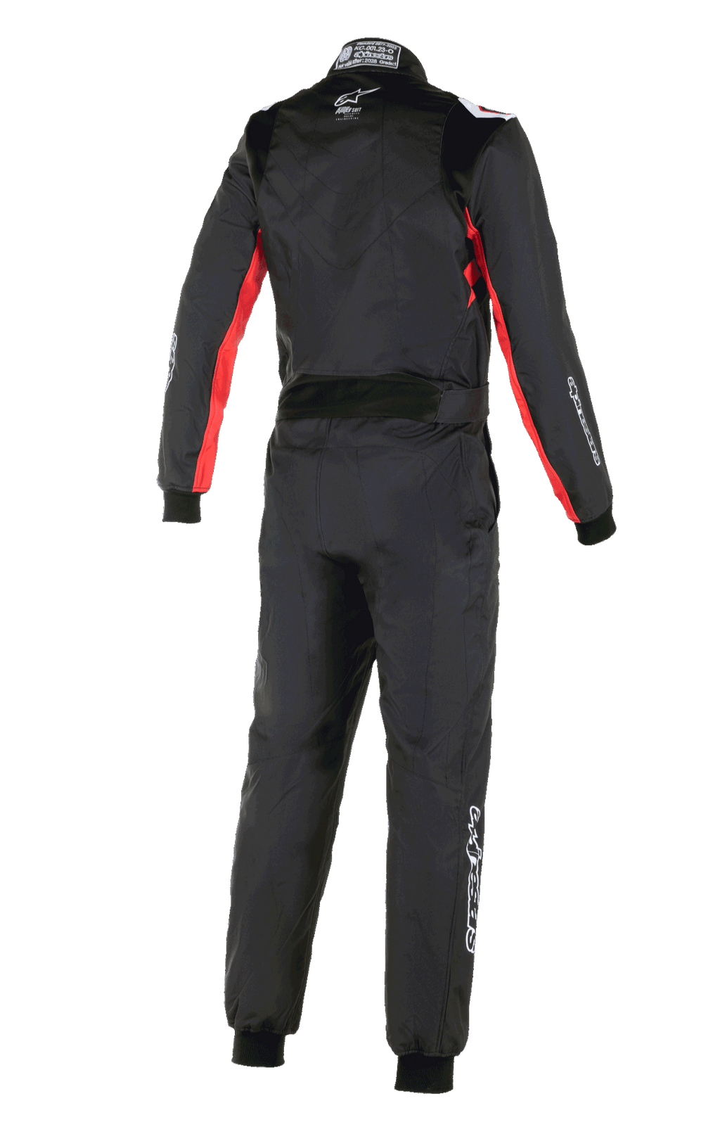 Alpinestars KMX-9 V3 Graphic 3 Anzug, Karting-Anzug, Schwarz und Rot, Rückansicht mit roten Akzenten an Ärmeln und Seiten, weißem Alpinestars-Logo im Nacken und weißem Branding am Bein, professioneller einteiliger Rennanzug