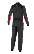 Alpinestars KMX-9 V3 Graphic 3 Anzug, Karting-Anzug, Schwarz und Rot, Rückansicht mit roten Akzenten an Ärmeln und Seiten, weißem Alpinestars-Logo im Nacken und weißem Branding am Bein, professioneller einteiliger Rennanzug
