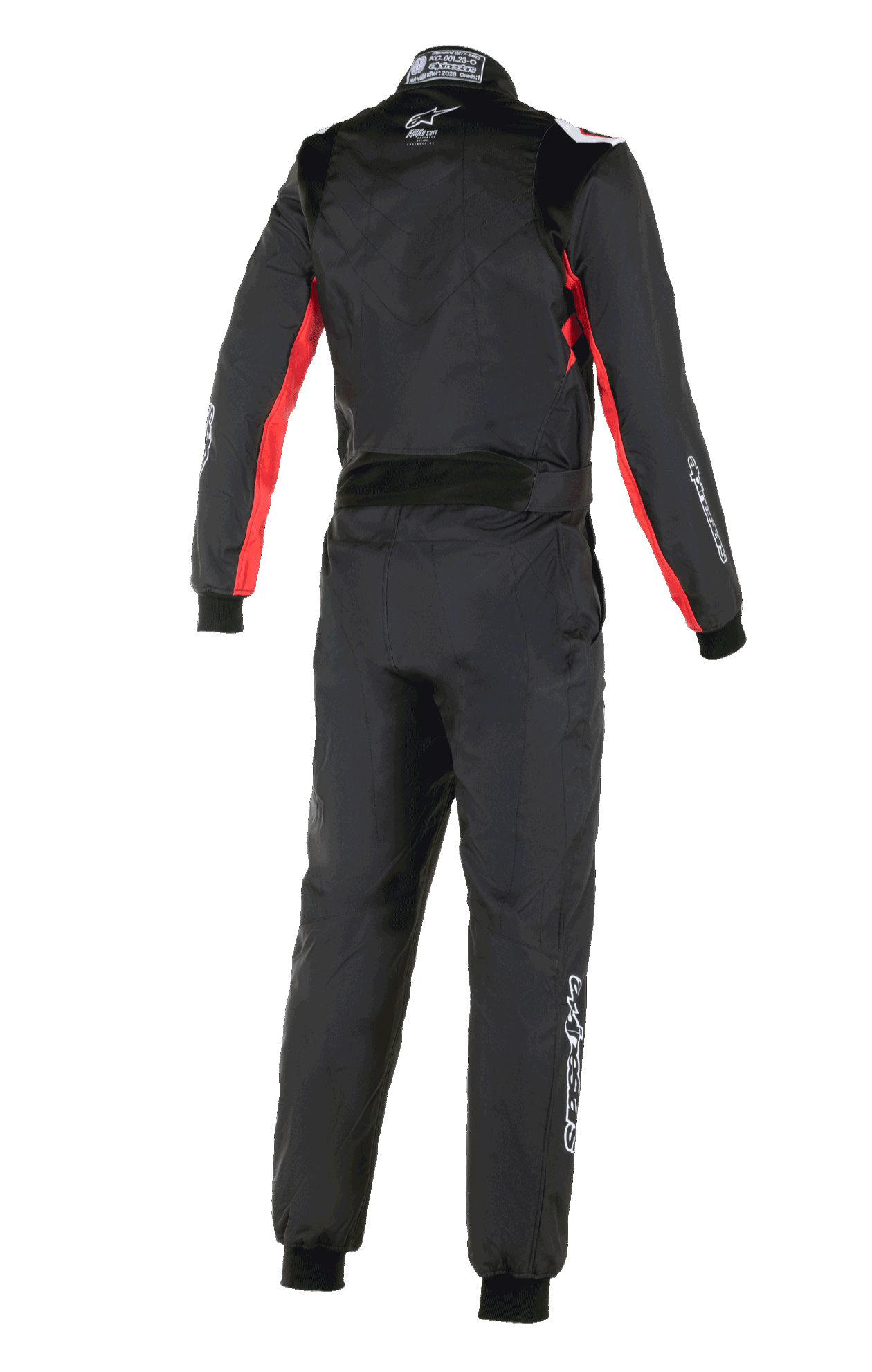 Alpinestars KMX-9 V3 Graphic 3 Anzug, Karting-Anzug, Schwarz und Rot, Rückansicht mit roten Akzenten an Ärmeln und Seiten, weißem Alpinestars-Logo im Nacken und weißem Branding am Bein, professioneller einteiliger Rennanzug