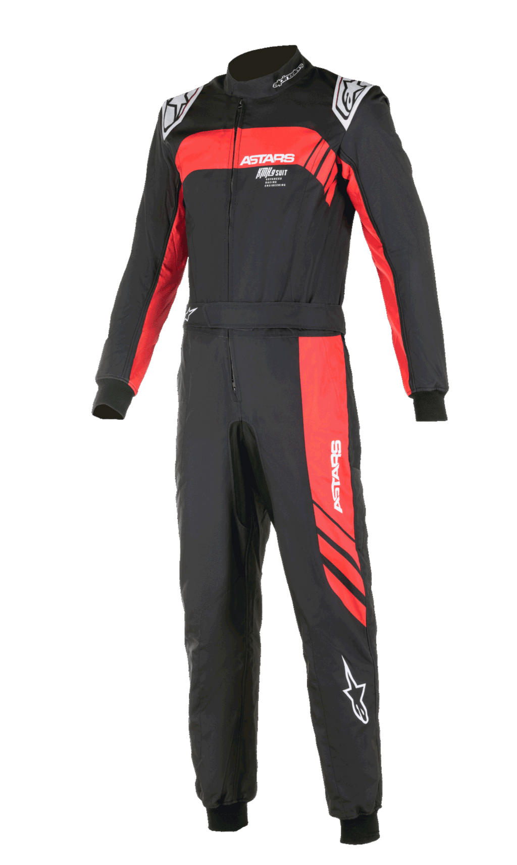 Alpinestars KMX-9 V3 Graphic 3 Kart-Anzug, Schwarz und Rot, einteiliges Motorsport-Design mit roten Grafikakzenten an Brust und Bein, weiße Logos, gerippte Bündchen an Handgelenken und Knöcheln, hoher Kragen, professionelle Rennbekleidung