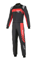 Alpinestars KMX-9 V3 Graphic 3 Kart-Anzug, Schwarz und Rot, einteiliges Motorsport-Design mit roten Grafikakzenten an Brust und Bein, weiße Logos, gerippte Bündchen an Handgelenken und Knöcheln, hoher Kragen, professionelle Rennbekleidung