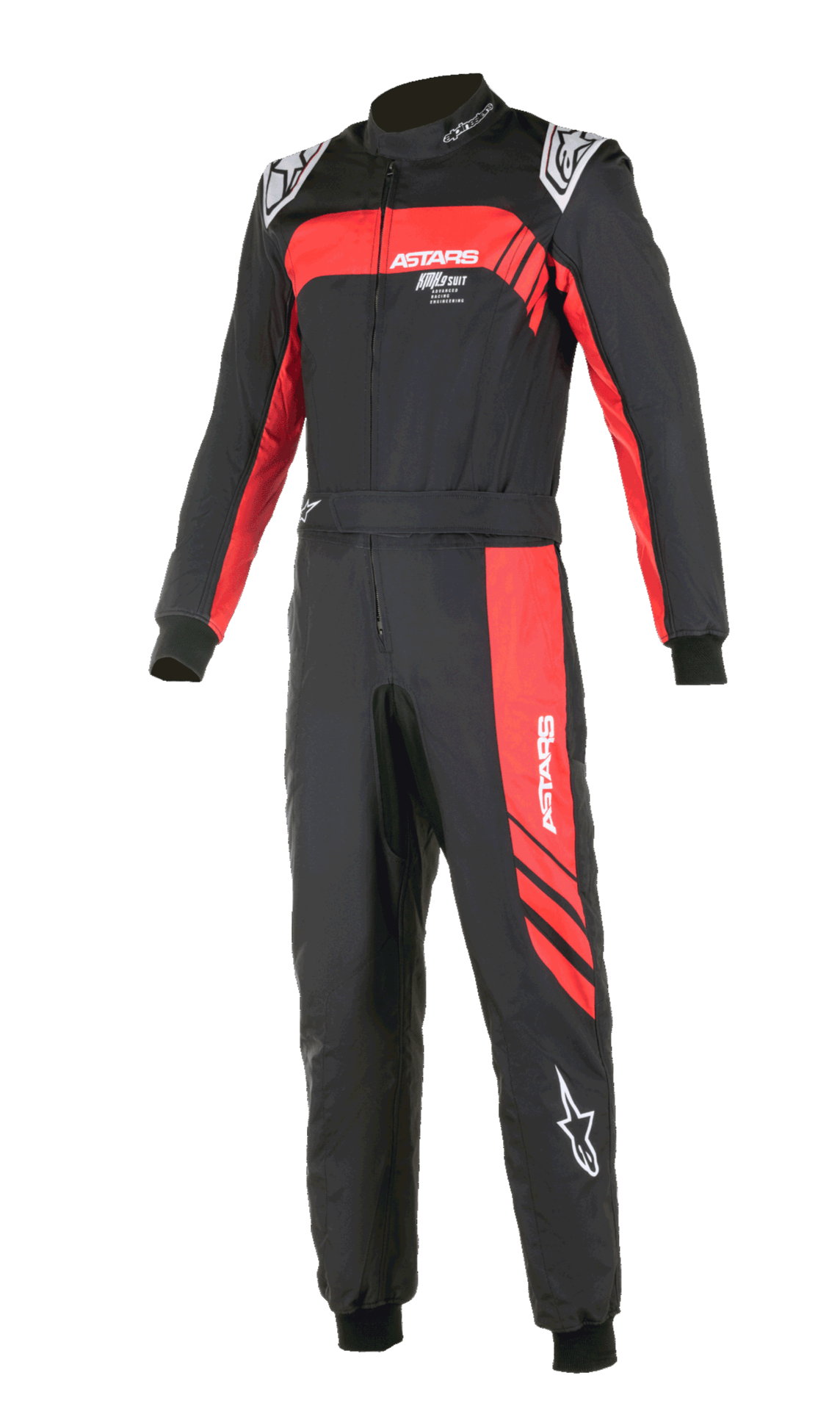 Alpinestars KMX-9 V3 Graphic 3 Kart-Anzug, Schwarz und Rot, einteiliges Motorsport-Design mit roten Grafikakzenten an Brust und Bein, weiße Logos, gerippte Bündchen an Handgelenken und Knöcheln, hoher Kragen, professionelle Rennbekleidung