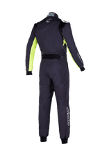 Alpinestars Jugend KMX-9 V3 Anzug Graphic 3, Jugend-Kartanzug, Schwarz und Neongelb, Rückansicht des einteiligen Rennanzugs mit Stretcheinsätzen am Rücken und an den Schultern, fluoreszierende gelbe Akzente an den Ärmelinnenseiten und Alpinestars-Branding am Kragen und Unterschenkel