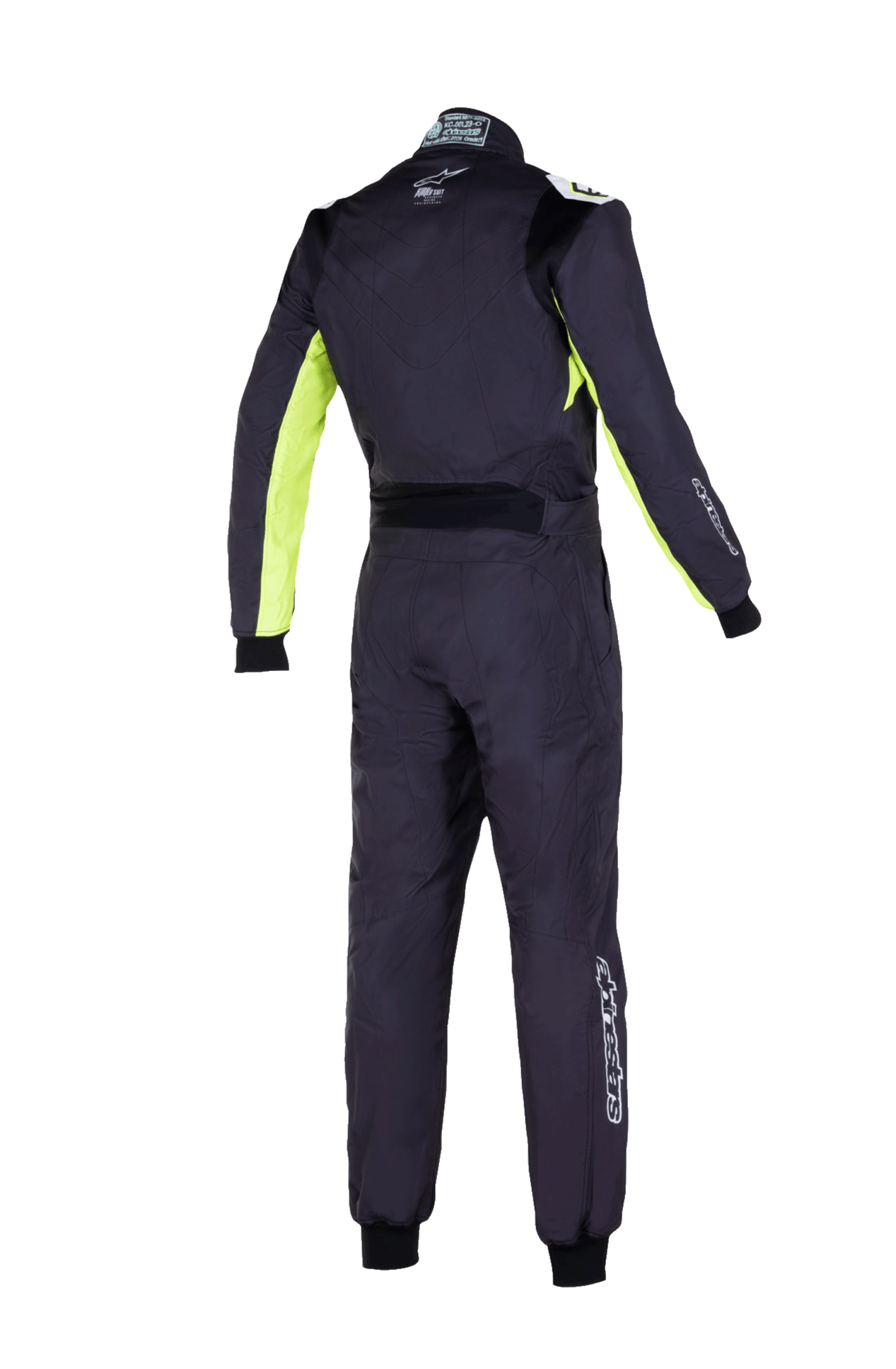 Alpinestars Jugend KMX-9 V3 Anzug Graphic 3, Jugend-Kartanzug, Schwarz und Neongelb, Rückansicht des einteiligen Rennanzugs mit Stretcheinsätzen am Rücken und an den Schultern, fluoreszierende gelbe Akzente an den Ärmelinnenseiten und Alpinestars-Branding am Kragen und Unterschenkel