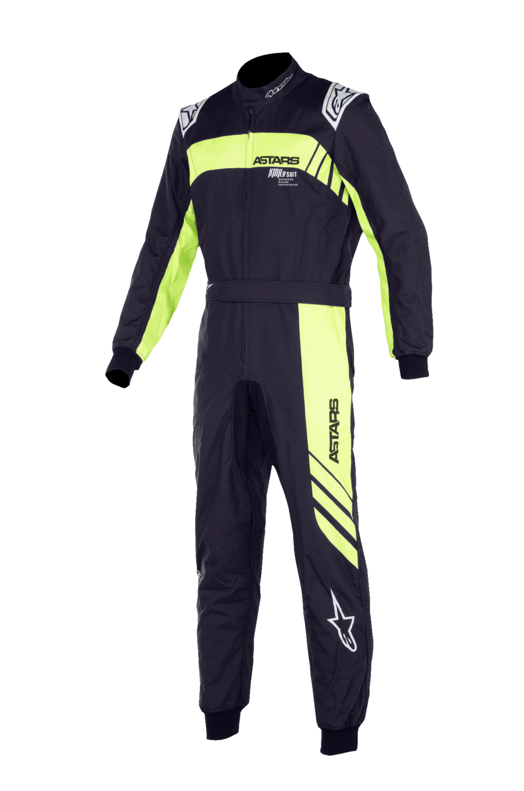 Alpinestars Youth KMX-9 V3 Anzug Graphic 3, Kart-Rennanzug, Schwarz und Neongelb, einteiliges Design mit hohem Kragen, Taillengürtel und gerippten Bündchen, mit markantem „ASTARS“-Branding und diagonalen Streifengrafiken