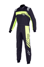 Alpinestars Youth KMX-9 V3 Anzug Graphic 3, Kart-Rennanzug, Schwarz und Neongelb, einteiliges Design mit hohem Kragen, Taillengürtel und gerippten Bündchen, mit markantem „ASTARS“-Branding und diagonalen Streifengrafiken