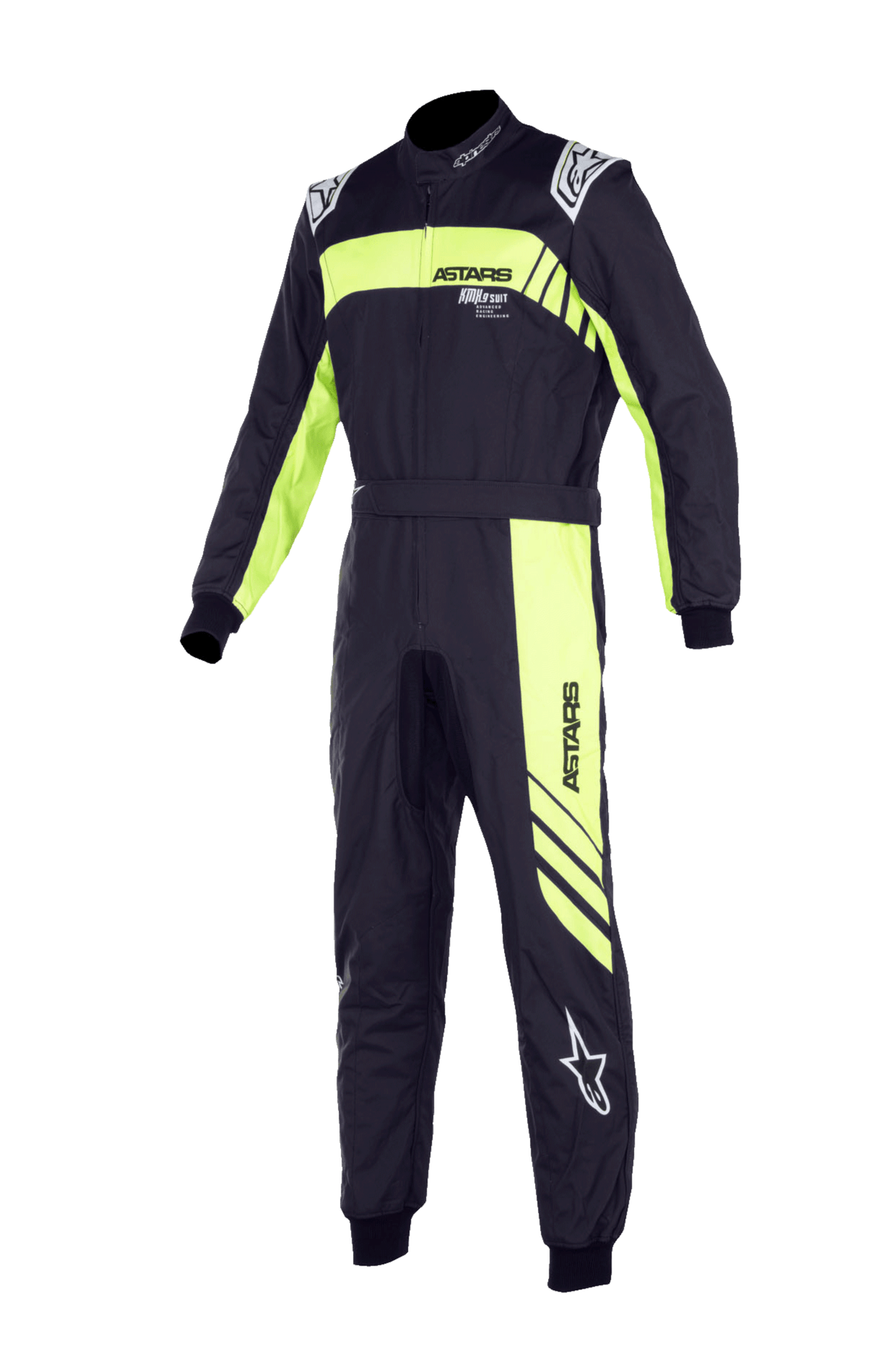 Alpinestars Youth KMX-9 V3 Anzug Graphic 3, Kart-Rennanzug, Schwarz und Neongelb, einteiliges Design mit hohem Kragen, Taillengürtel und gerippten Bündchen, mit markantem „ASTARS“-Branding und diagonalen Streifengrafiken