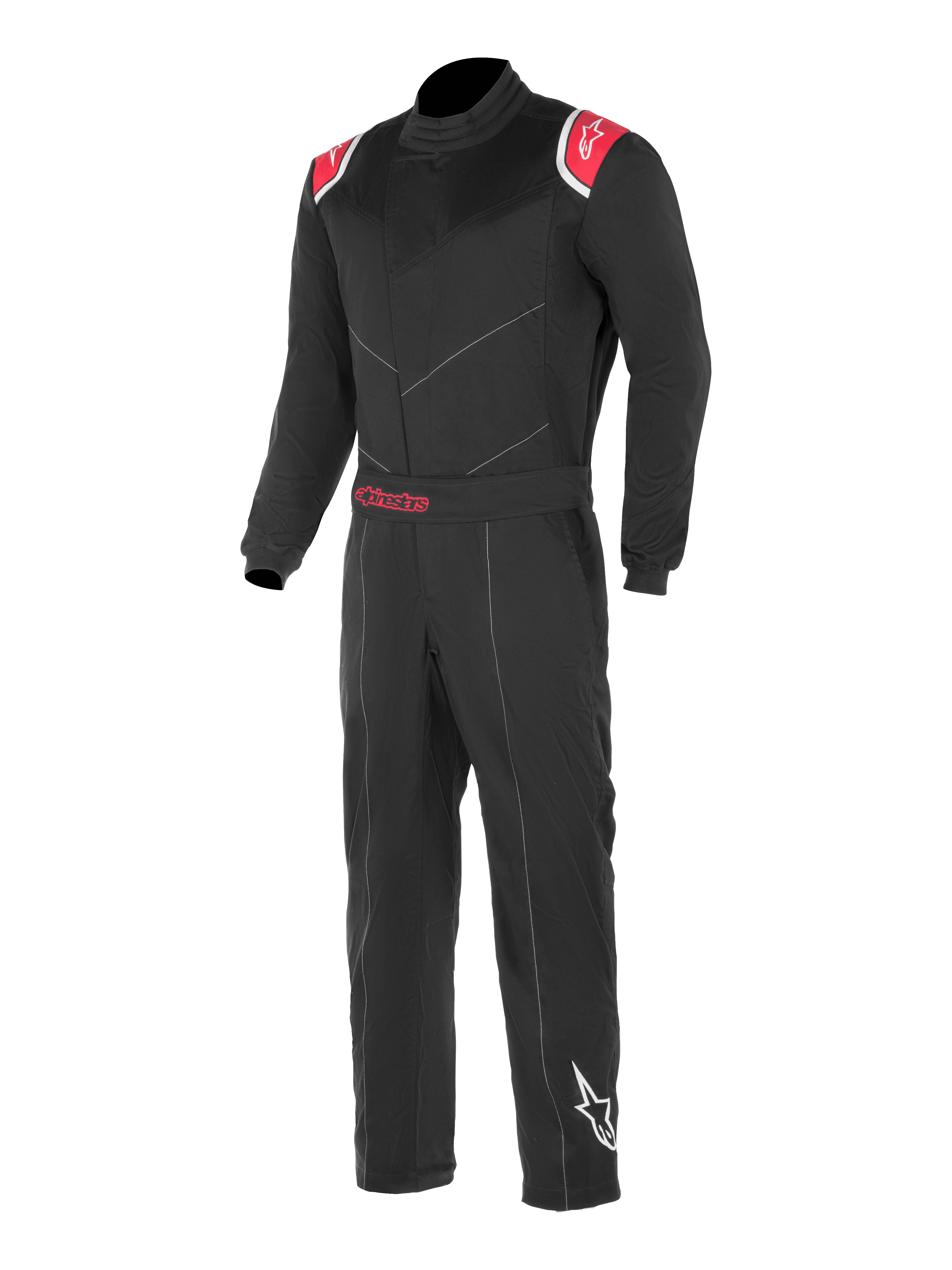 Alpinestars Kart Indoor Suit, Kart-Rennanzug in Schwarz und Rot, rote Schultereinsätze mit weißen Stern-Logos, verstellbarer Taillengürtel mit rotem Alpinestars-Schriftzug, weißes Stern-Logo am unteren linken Bein.